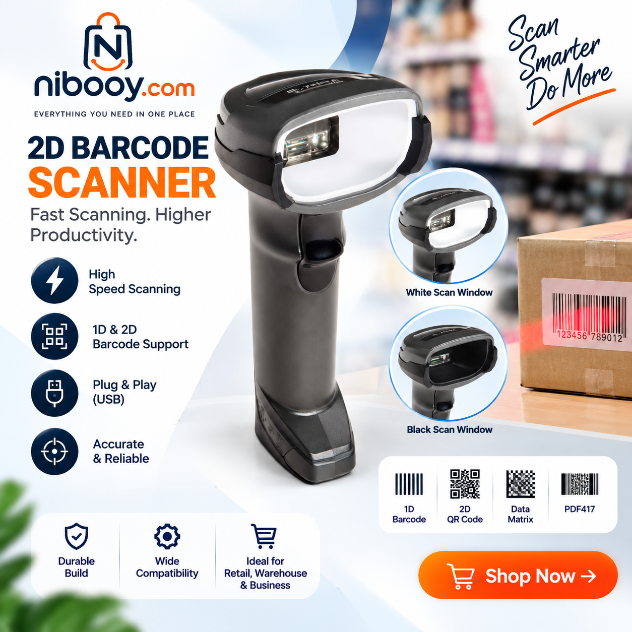 2D Handheld Barcode Scanner – USB Wired QR Code Reader