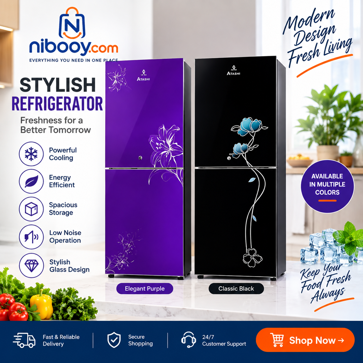 Atashi Stylish Double Door Refrigerator – Floral Glass Design