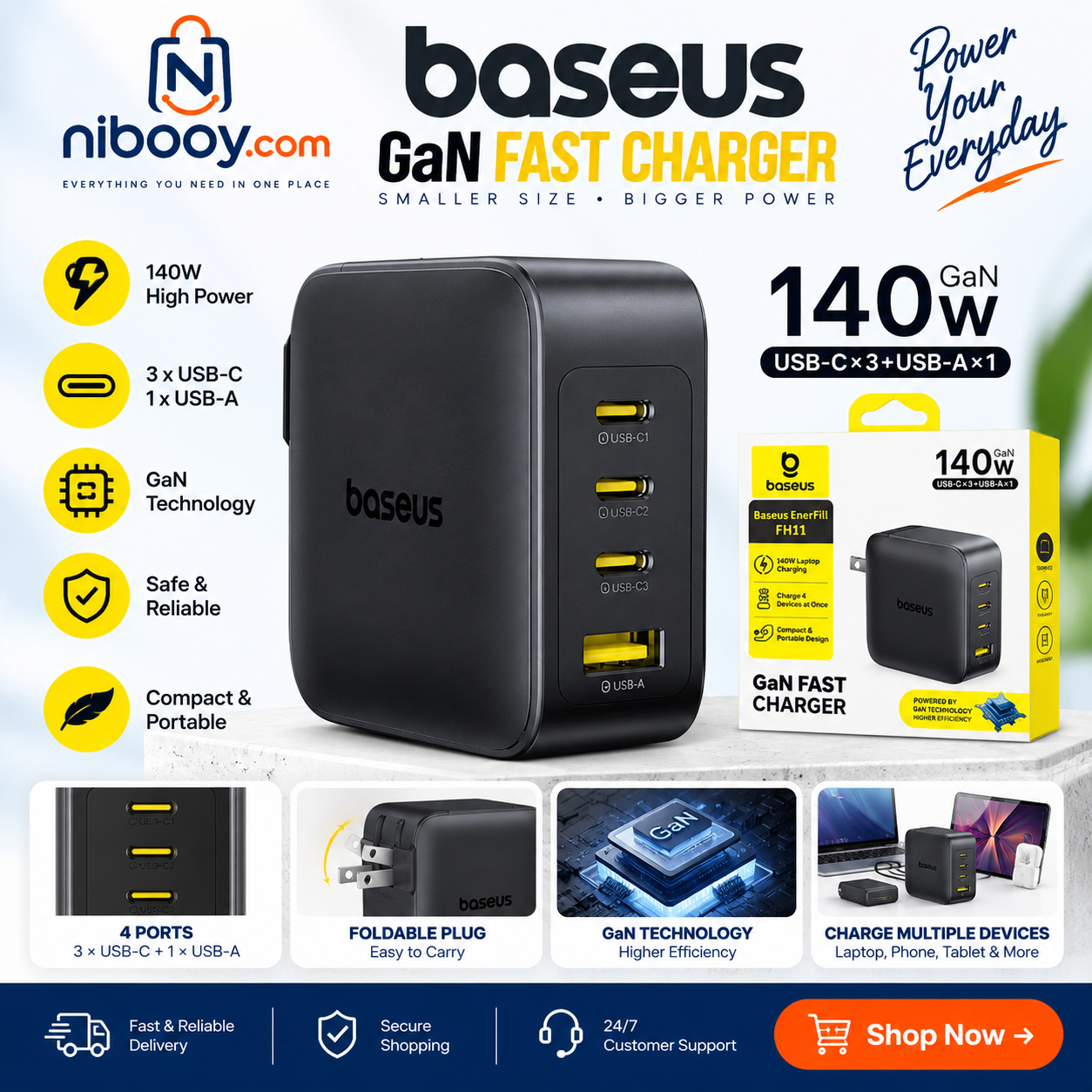 Baseus 140W GaN Fast Charger – 3× USB-C + 1× USB-A